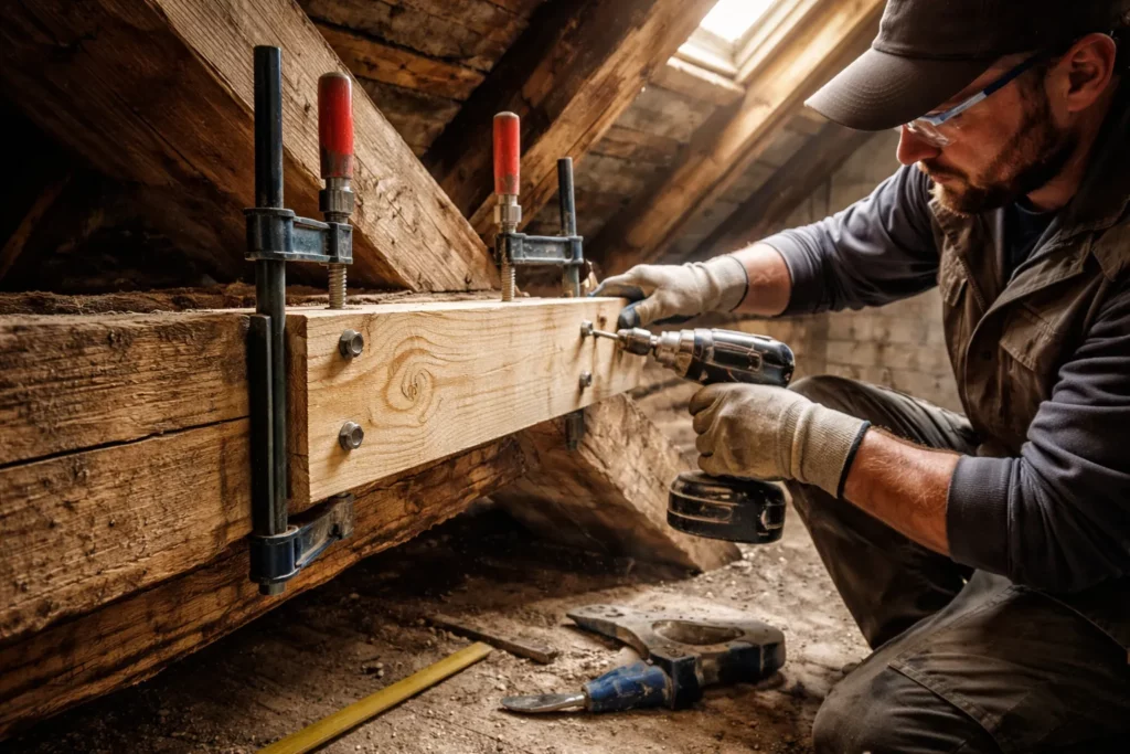 Un Charpentier Saint-Orens-de-Gameville réalise un renfort sur une panne en bois dans des combles, avec serre-joints et visserie.
