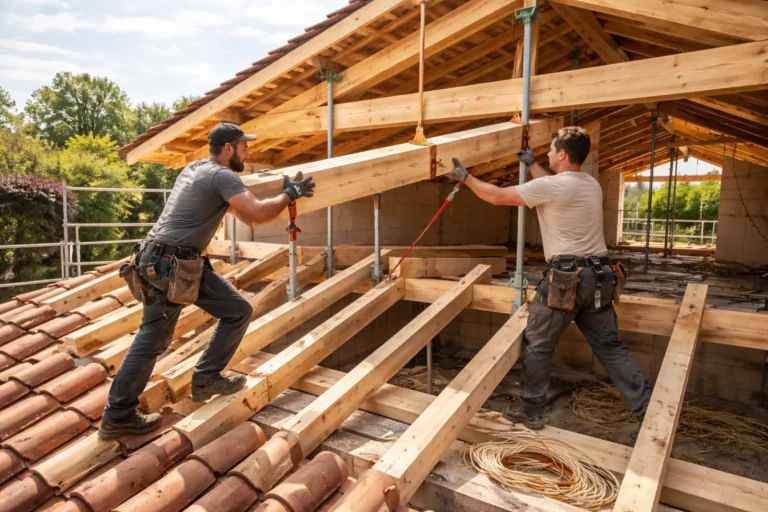 Un Charpentier Seysses installe une charpente traditionnelle en bois sur une maison individuelle à Seysses, avec poutres apparentes et chantier sécurisé.
