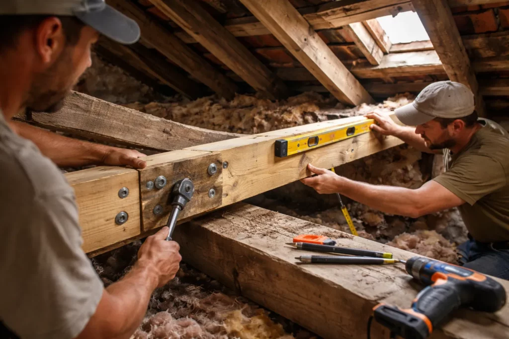 Un Charpentier Seysses réalise la rénovation d’une charpente ancienne dans des combles, en remplaçant une pièce de bois et en posant un renfort.
