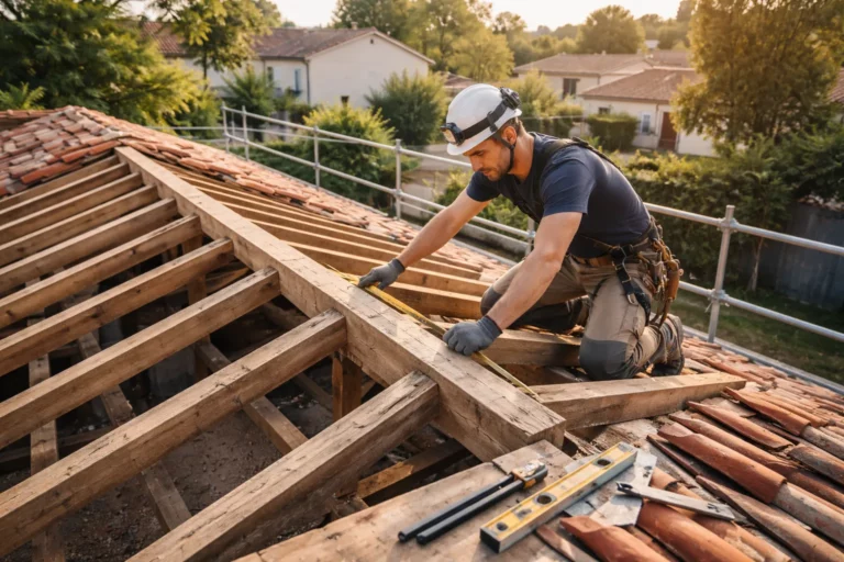 Charpentier Tournefeuille inspectant une charpente bois sur une maison individuelle à Tournefeuille, toiture ouverte pour diagnostic.
