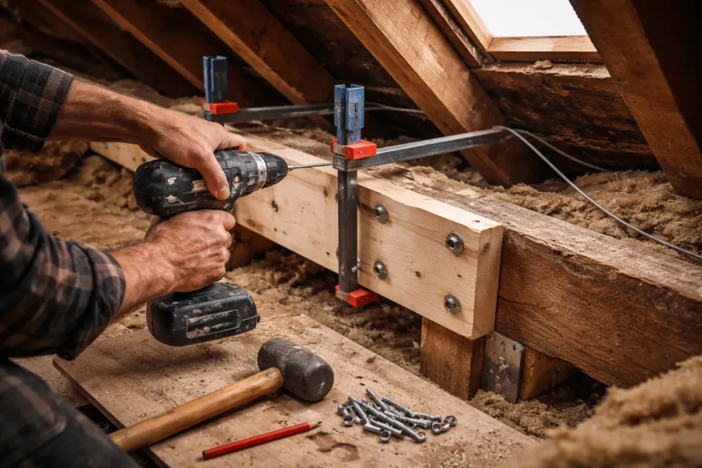 Charpentier Tournefeuille réalisant un renfort de chevron dans les combles avec serre-joints, visserie et bois neuf aligné sur l’existant.