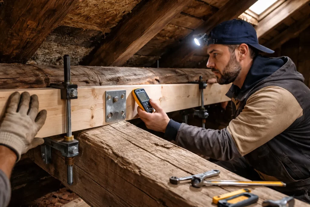 Un Charpentier Villeneuve-Tolosane réalise un diagnostic et un renforcement de charpente en inspectant une panne et en posant une pièce de renfort dans des combles.