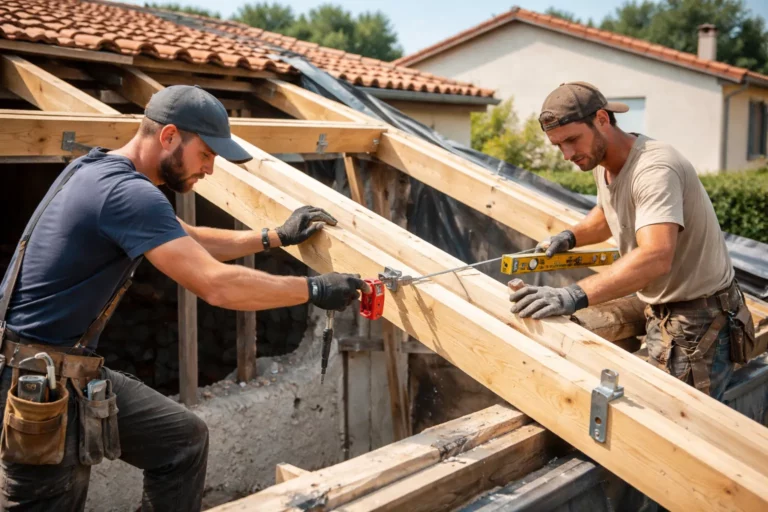 Un Charpentier Villeneuve-Tolosane travaille sur une charpente traditionnelle en bois sous une toiture de maison, avec outils et équipements de sécurité visibles.