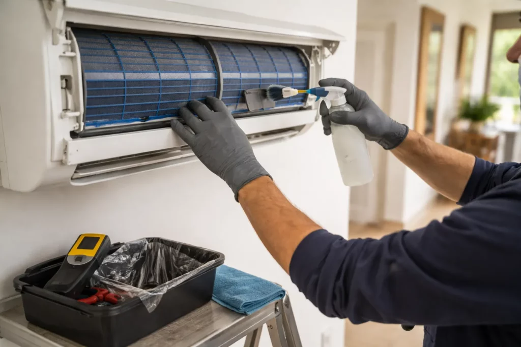 Climatisation Aureville lors de l’entretien avec un technicien nettoyant les filtres et contrôlant l’évacuation des condensats sur une unité intérieure.