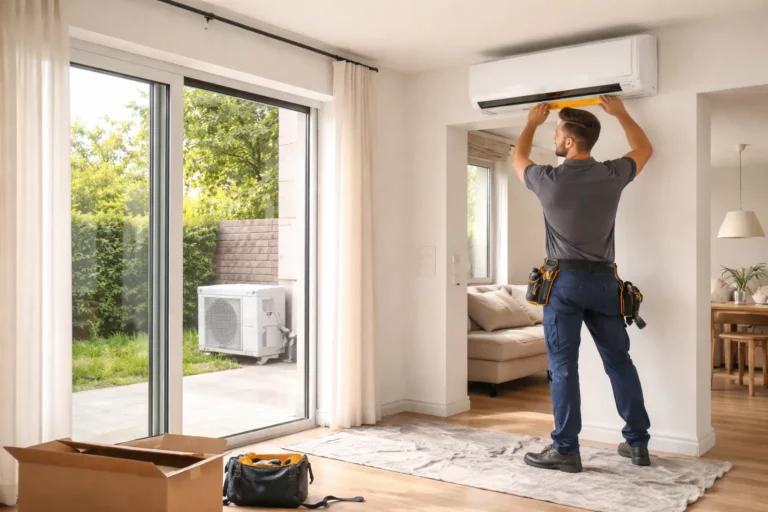 Climatisation Aureville avec un technicien installant une unité intérieure split dans un salon lumineux d’une maison près de Toulouse.