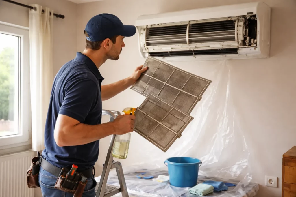 Climatisation Auzielle : un professionnel réalise l’entretien en nettoyant les filtres et en contrôlant l’écoulement des condensats sur une unité intérieure.