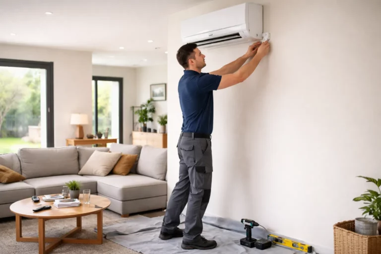 Climatisation Auzielle : un technicien installe une unité intérieure split dans le salon d’une maison près de Toulouse.