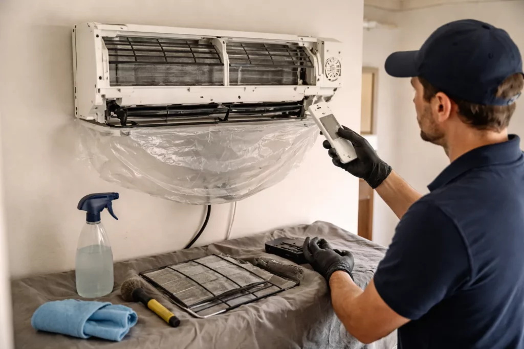 Technicien réalisant l’entretien d’une unité intérieure de climatisation à Péchabou avec nettoyage des filtres et contrôle des réglages.