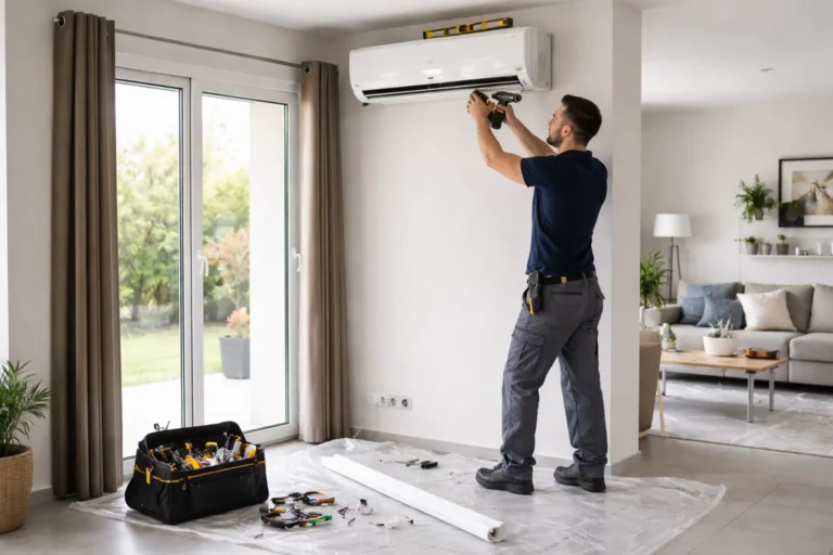Technicien installant une unité intérieure de climatisation dans un salon de maison à Péchabou, matériel et outils posés au sol.