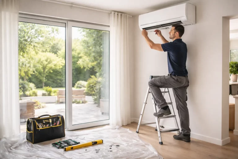 Climatisation Pechbusque : un technicien installe une unité intérieure murale dans un salon de maison à Pechbusque.