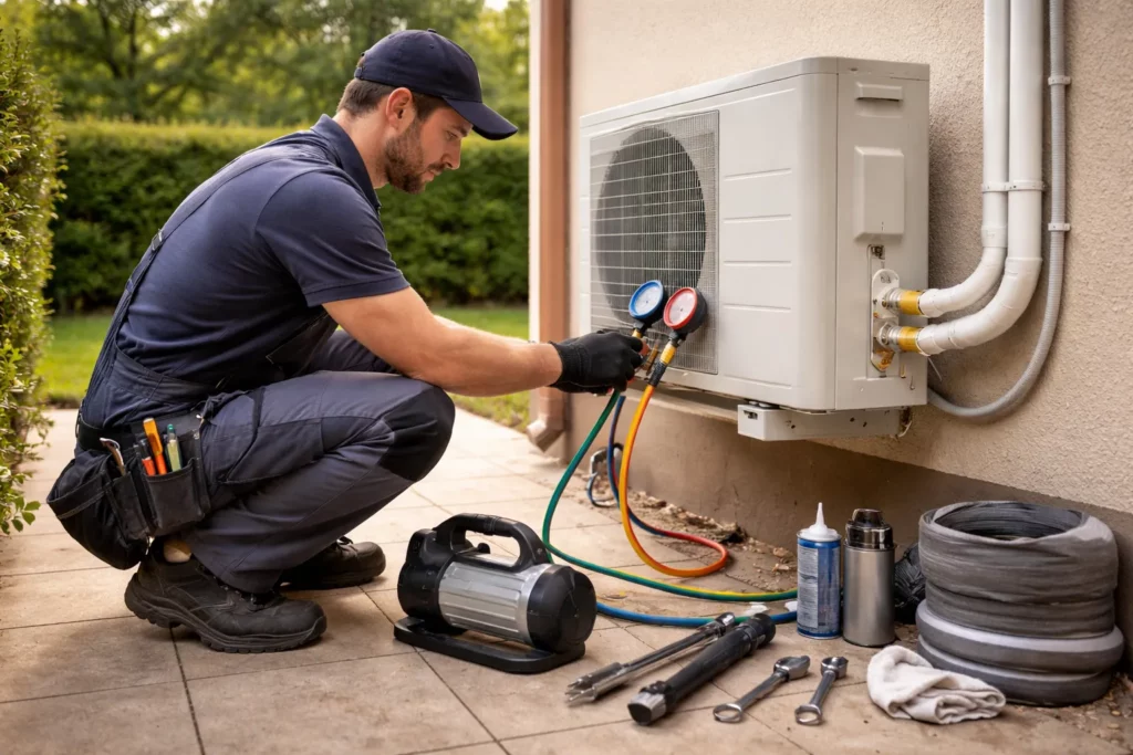 Climatisation Pechbusque : un frigoriste contrôle l’étanchéité et les pressions sur l’unité extérieure avec un manifold et une pompe à vide.
