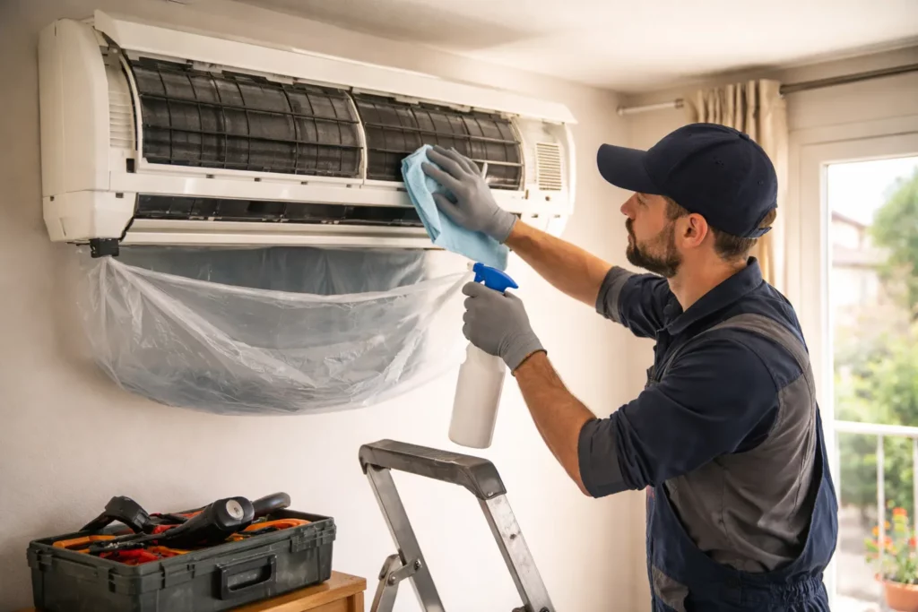 Climatisation Portet-sur-Garonne : un technicien nettoie les filtres d’une clim murale ouverte lors d’un entretien.