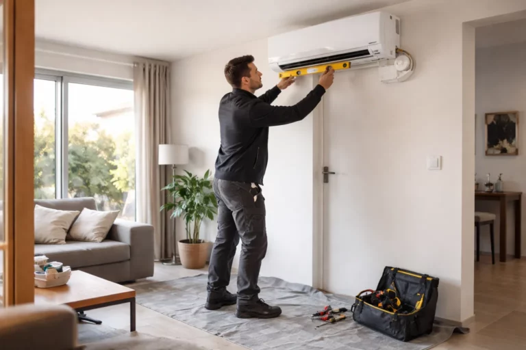 Climatisation Portet-sur-Garonne : un technicien installe une unité intérieure murale dans un salon de maison près de Toulouse.