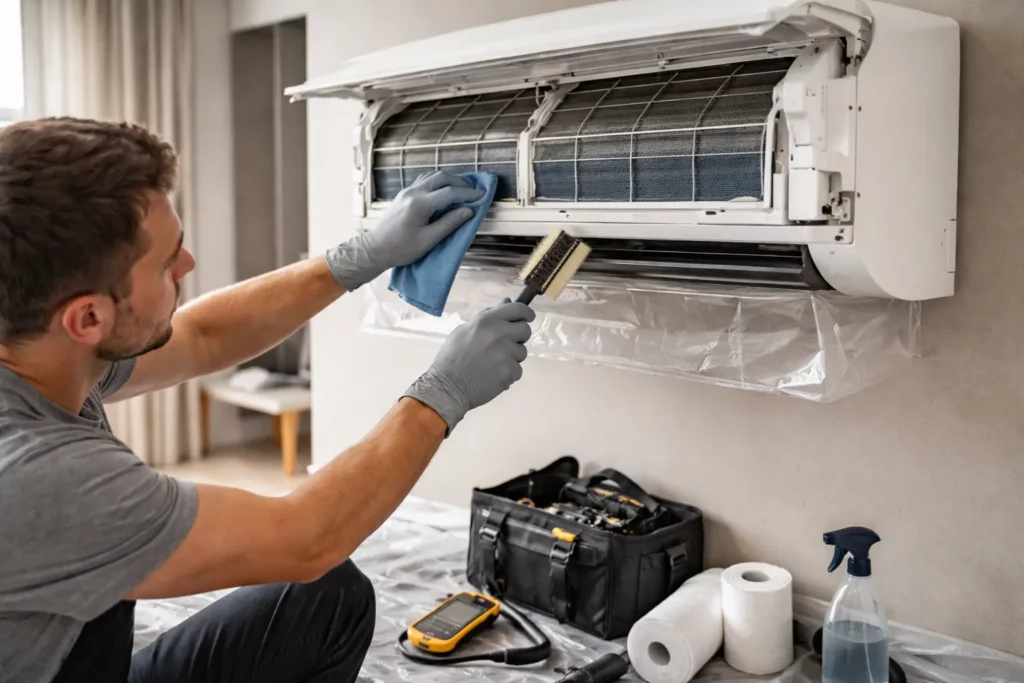 Nettoyage des filtres et contrôle de l’unité intérieure lors d’un entretien de Climatisation Quint-Fonsegrives dans un appartement à Quint-Fonsegrives.