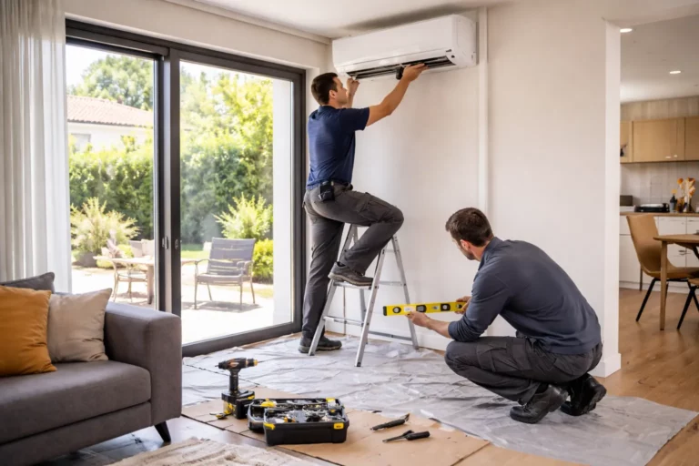 Technicien installant une unité intérieure de climatisation dans un salon de maison à Quint-Fonsegrives pour une prestation de Climatisation Quint-Fonsegrives.