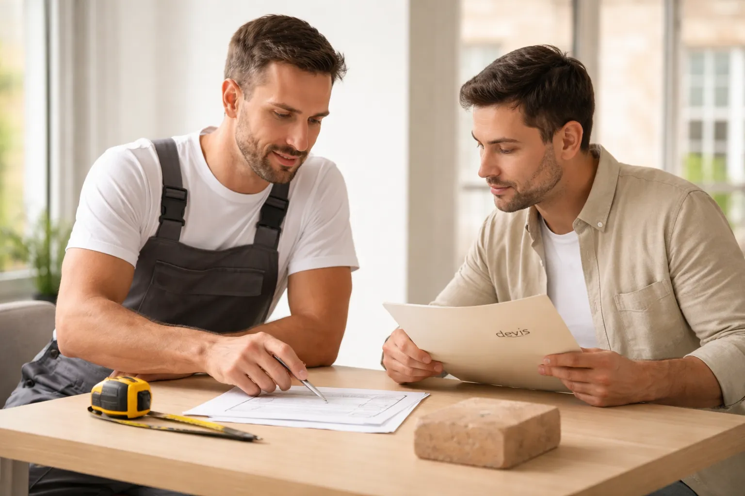 Scène réaliste où un client compare un devis et des critères pour choisir maçon Toulouse avec un professionnel sérieux, dans un cadre lumineux et épuré.