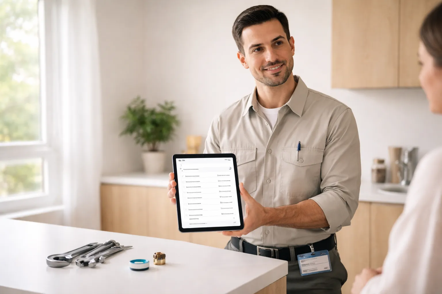 Un client consulte un devis et les certifications sur tablette pour choisir plombier toulouse en toute confiance avant une intervention.