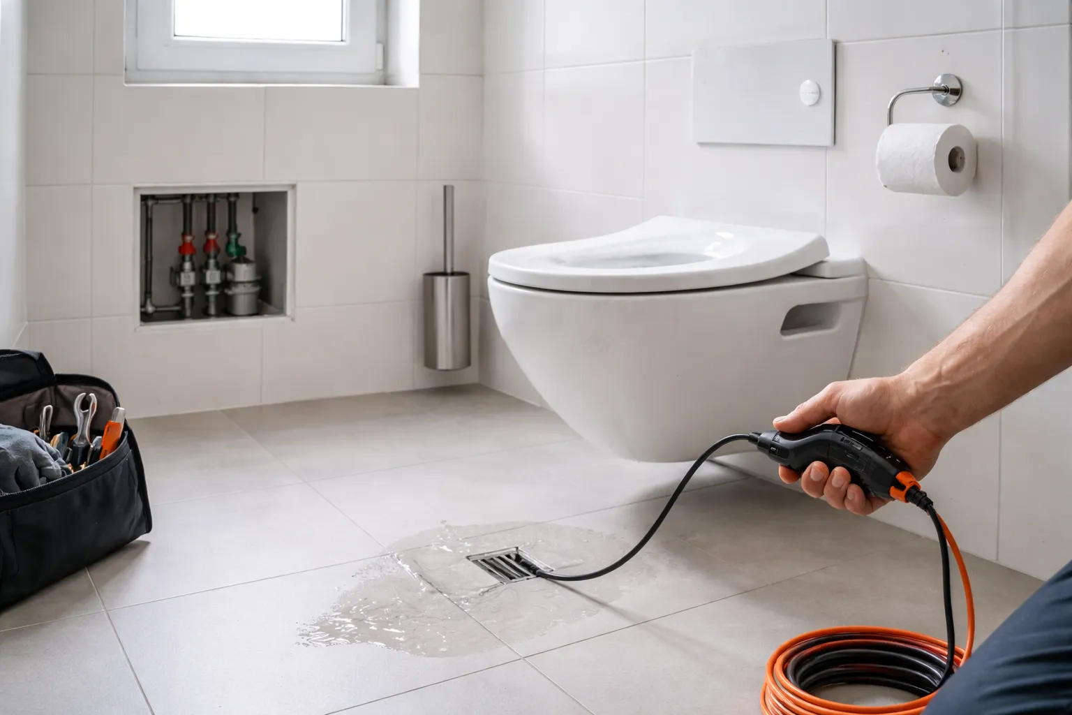 Photo réaliste d’un diagnostic de canalisation bouchée toulouse dans une salle de bain moderne, avec un plombier vérifiant une obstruction près des WC.