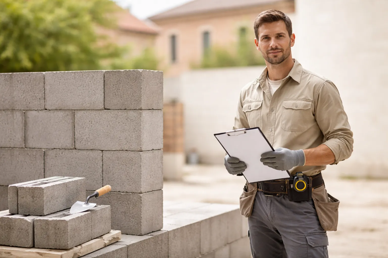 Photo réaliste d’un maçon sur un chantier à Toulouse estimant le prix maçon toulouse pour un mur en parpaings avec mètre et devis sur clipboard