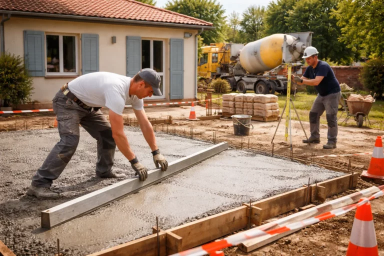 Maçon Auzeville-Tolosane en train de réaliser une dalle béton et des reprises de maçonnerie devant une maison individuelle à Auzeville-Tolosane.