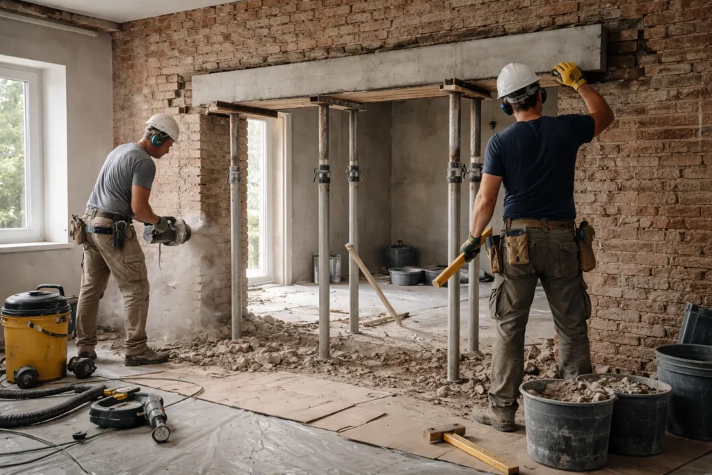 Maçon Auzeville-Tolosane réalisant une ouverture avec étaiement et pose d’un linteau dans un mur en briques à l’intérieur d’une maison.
