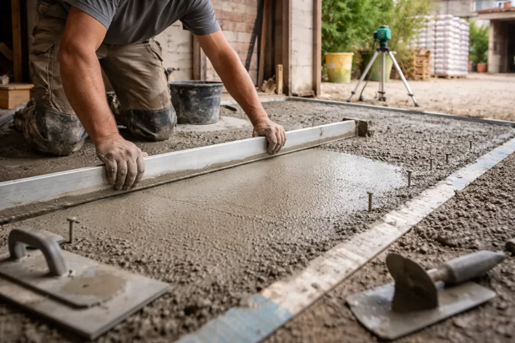 Maçon Clermont-le-Fort tirant une chape fraîche à la règle sur une dalle béton avant pose de revêtement.