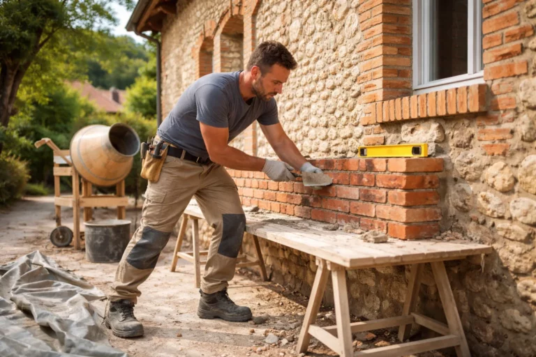 Maçon Clermont-le-Fort réalisant une reprise de mur en briques sur une maison individuelle avec outillage de chantier.