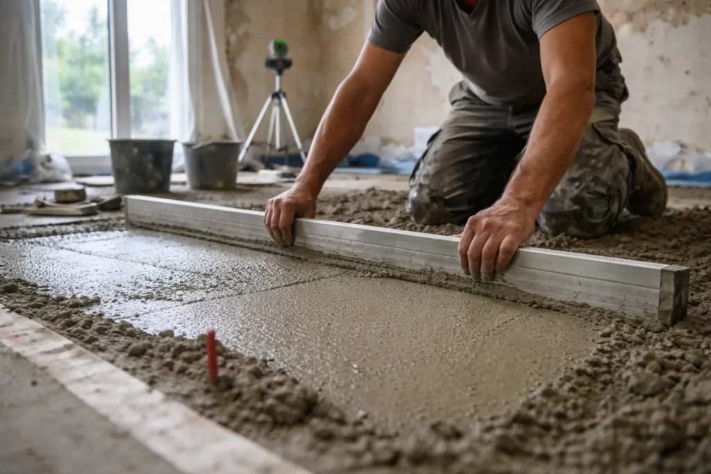 Un Maçon Deyme tire une chape au niveau avec une règle aluminium dans une pièce en rénovation avant la pose du revêtement de sol.