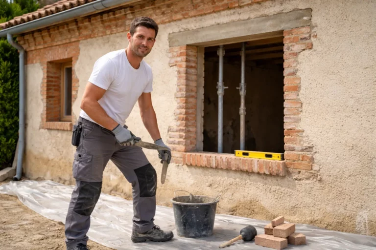 Un Maçon Deyme réalise une reprise de maçonnerie autour d’une ouverture de fenêtre sur une maison individuelle en rénovation.