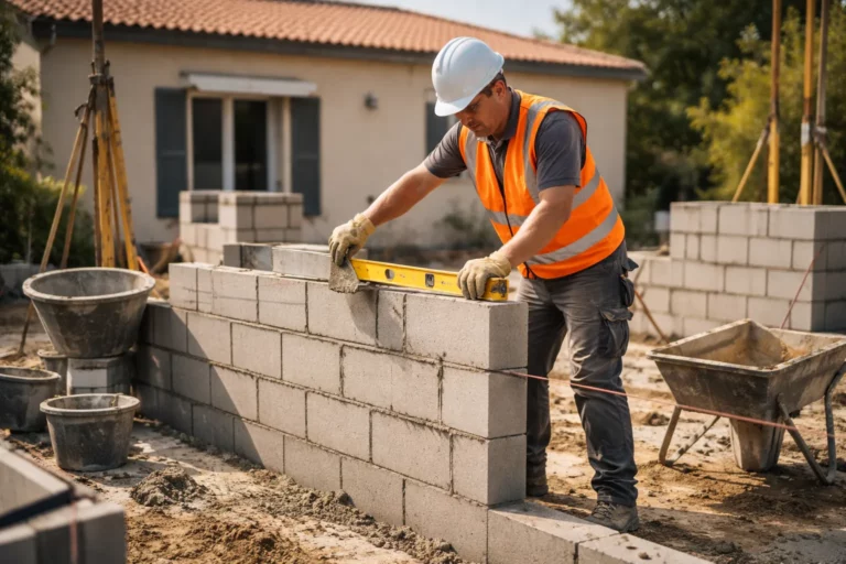 Un Maçon Muret pose des parpaings et contrôle l’alignement d’un mur en construction devant une maison individuelle, avec niveau et cordeau.