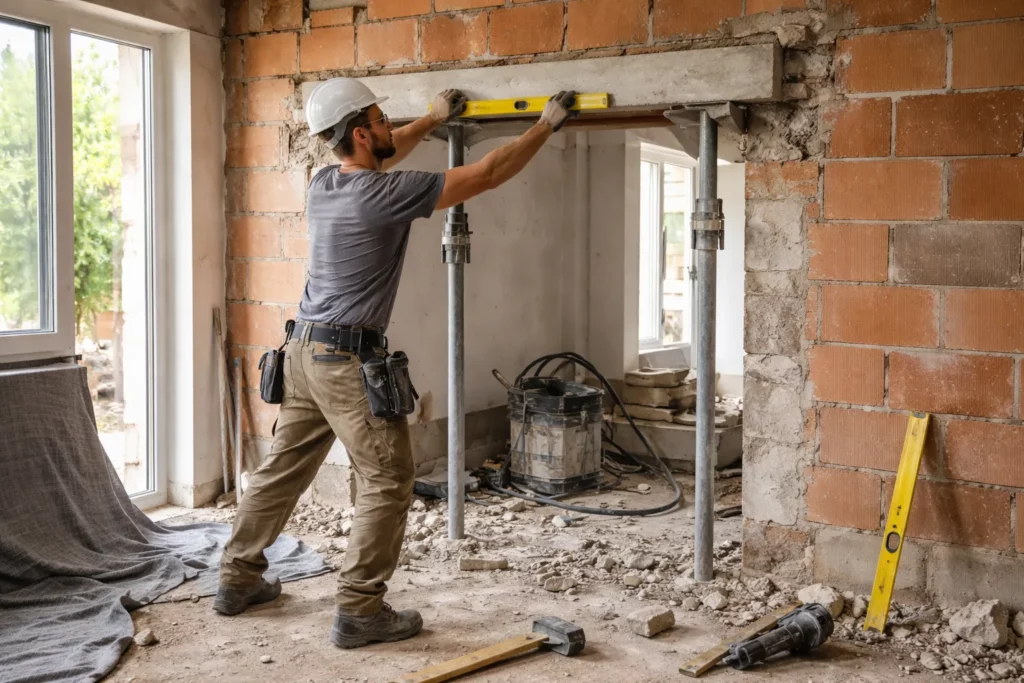 Un Maçon Muret réalise une ouverture dans un mur porteur et installe un linteau avec étais de maintien sur un chantier de rénovation.