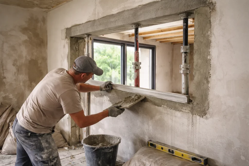 Maçon Pechbusque effectuant une reprise de maçonnerie autour d’une nouvelle ouverture avec linteau et tableau en cours de finition.