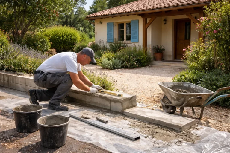 Maçon Pechbusque réalisant des reprises de maçonnerie sur un muret et un seuil devant une maison individuelle.