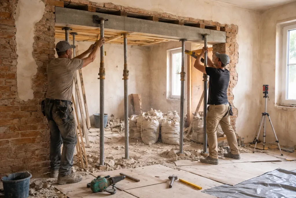Un Maçon Portet-sur-Garonne crée une ouverture dans un mur porteur avec étais métalliques et pose du linteau, dans une maison en rénovation.