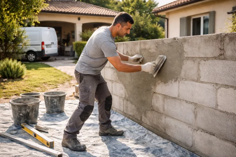 Un Maçon Portet-sur-Garonne réalise une reprise de maçonnerie sur un mur extérieur de maison, avec protection du sol et finitions propres.