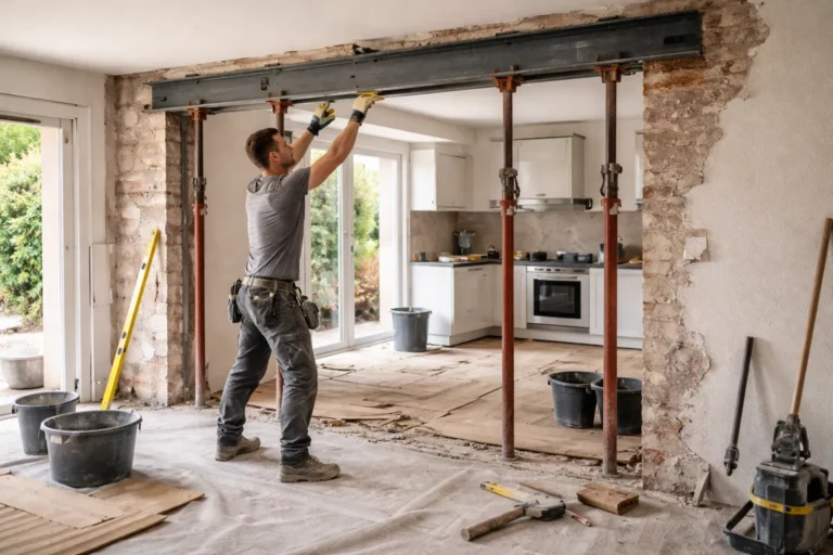 Un Maçon Ramonville-Saint-Agne réalise une ouverture de mur dans une maison, avec protections au sol et étais de maintien visibles.