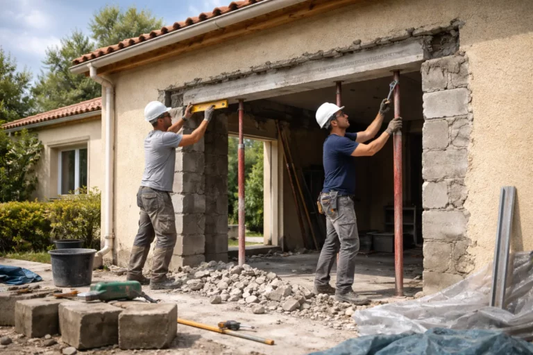 Un Maçon Roques et son collègue réalisent une ouverture dans un mur porteur avec étaiement et linteau, sur un chantier de maison individuelle en périphérie de Roques.
