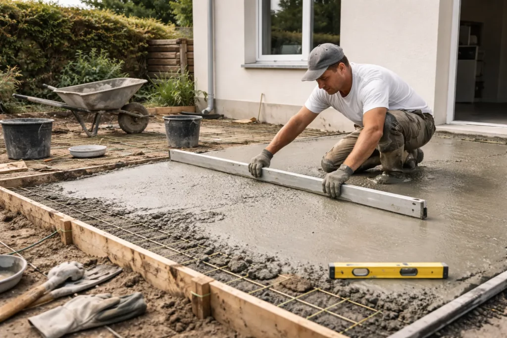 Un Maçon Roques tire et règle une chape sur une dalle béton fraîchement coulée pour préparer une terrasse, avec règle aluminium et niveau sur un chantier résidentiel.