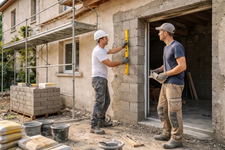 Un Maçon Roquettes inspecte un mur en rénovation dans une maison toulousaine avec échafaudage et matériaux de maçonnerie au premier plan.