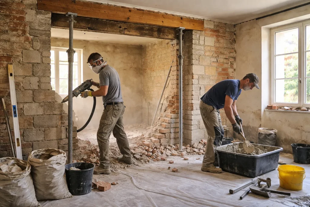 Un Maçon Roquettes réalise une ouverture dans un mur porteur et prépare la pose d’un linteau avec étais et outils de maçonnerie.