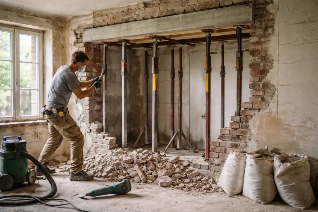 Le Maçon Saubens réalise une ouverture dans un mur porteur avec étais métalliques et linteau en pose, sur un chantier de rénovation intérieure.