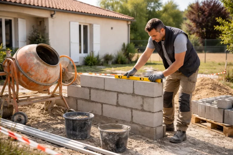 Le Maçon Saubens inspecte un chantier de rénovation de maison toulousaine avec un mur en parpaings en cours et un niveau à bulle à la main.