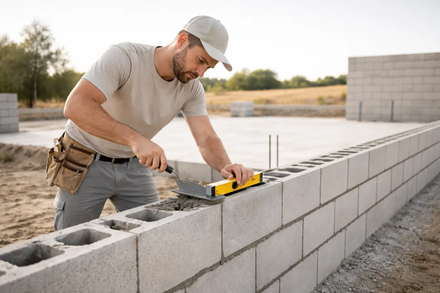 Travaux maçonnerie Toulouse avec un maçon posant un mur en parpaings sur un chantier résidentiel propre et moderne, sous une lumière naturelle douce, travaux maçonnerie toulouse.