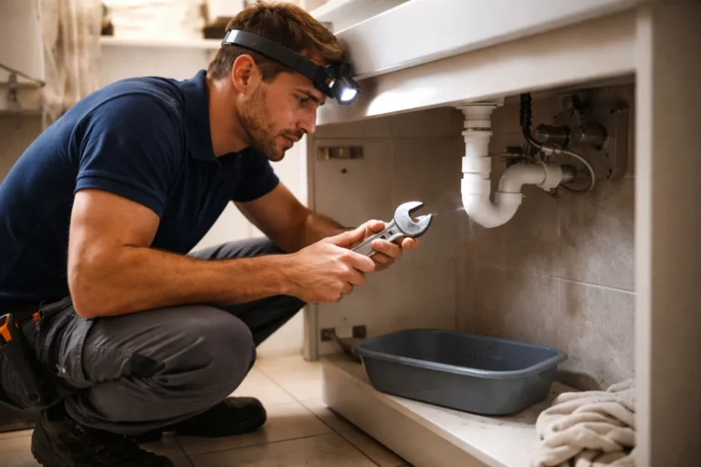 Le Plombier Auzeville-Tolosane intervient dans une salle de bain de maison toulousaine et contrôle une fuite sous un lavabo avec une lampe frontale.