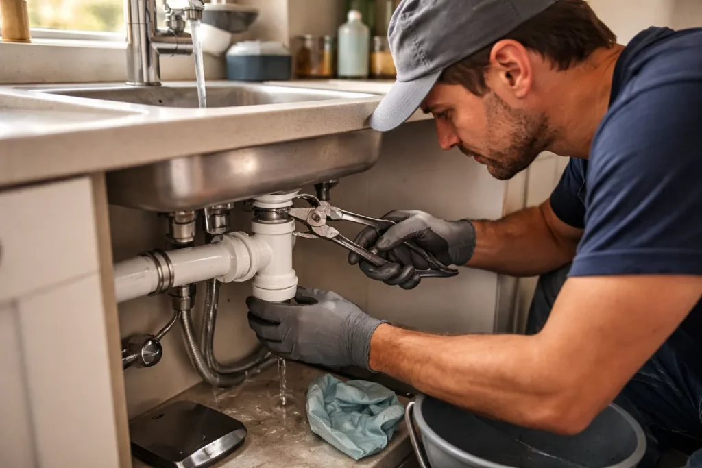 Le Plombier Auzeville-Tolosane réalise une recherche de fuite sous un évier de cuisine et resserre un raccord après contrôle de l’écoulement.