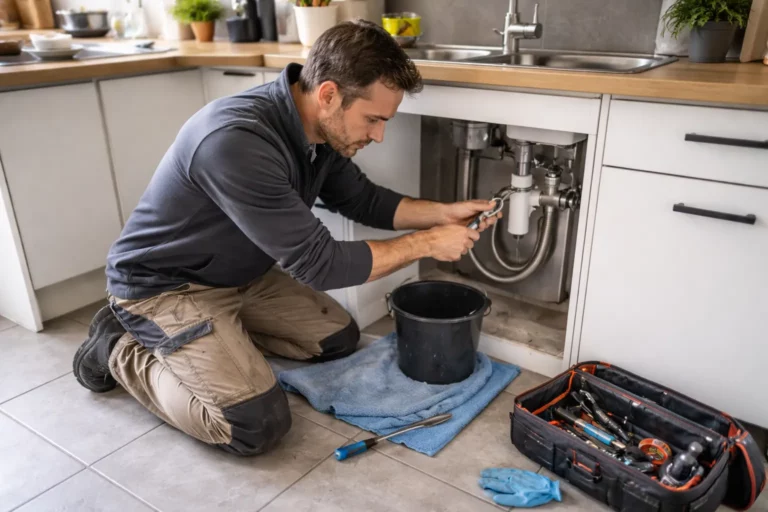 Le Plombier Auzielle répare une fuite sous un évier dans une cuisine de maison française, avec outils et seau de protection au sol.
