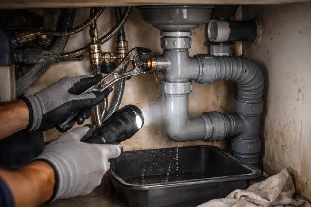 Le Plombier Auzielle effectue une recherche de fuite sous un évier en contrôlant les raccords et le siphon avec une lampe et une clé.