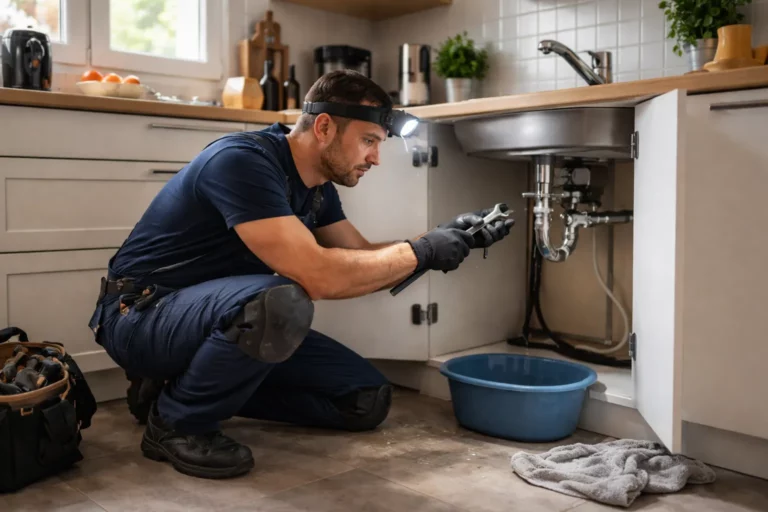Un Plombier Corronsac en tenue de travail inspecte l’arrivée d’eau sous un évier de cuisine dans une maison individuelle.
