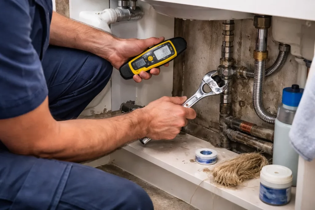 Un Plombier Corronsac réalise une recherche de fuite sur une canalisation apparente avec un testeur d’humidité et resserre un raccord.