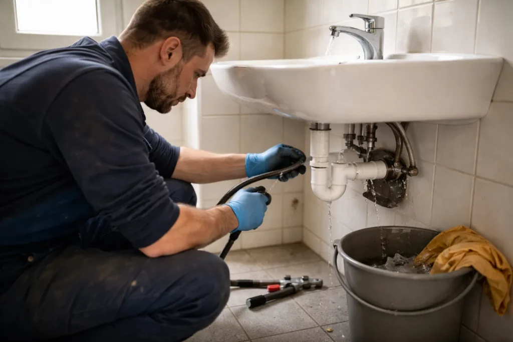 Le Plombier Cugnaux débouche une évacuation de lavabo avec un furet et vérifie l’écoulement dans une salle de bain française.